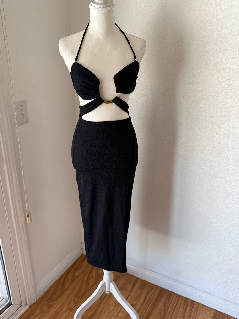 Black Halter Cutout Midi Dress with Ring Detail